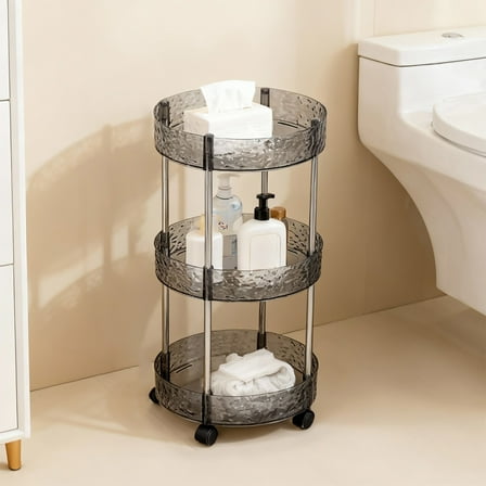 ROLKFUK 3-Tier Transparent Rolling Storage Cart with Wheels, Gray Plastic, Space-Saving Multi-Purpose Shelf for Kitchen, Bathroom & Living Room