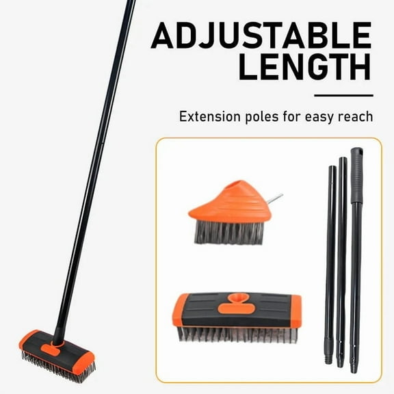 ROLKFUK 3-in-1 Patio Cleaning Brush with Steel Bristles, Adjustable Extension Pole for Driveway, Paver Weeds & Moss Removal, 2 Brush Heads
