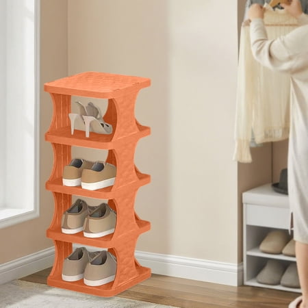 ROLKFUK Organizing Racks 5 Tier Plastic Shoe Rack, Space Saving Doorway Shoe Storage for Dorm & Rental Apartment, Tool-Free Easy Assembly, Horizontal Expandable Orange Entryway Shoe Shelf