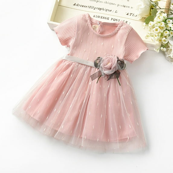 ROLKFUK Baby Girls Casual Dresses, Short Sleeve Cotton Cute Mesh Summer Dress Pink Size 1T