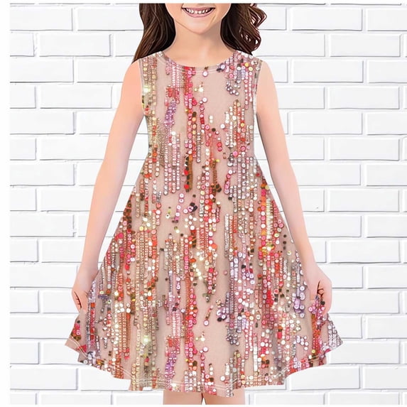 ROLKFUK Big Girls Casual Dresses, Print Sleeveless Crew Neck Summer Clothes Pink Size 13-14 T