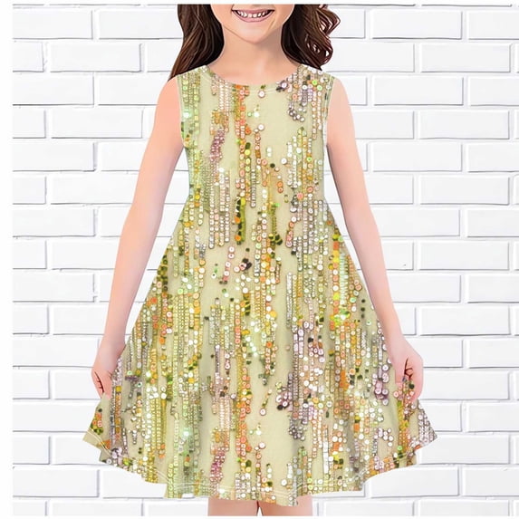 ROLKFUK Big Girls Casual Dresses, Sleeveless Crew Neck Print Summer Clothes Yellow Size 7-8 T