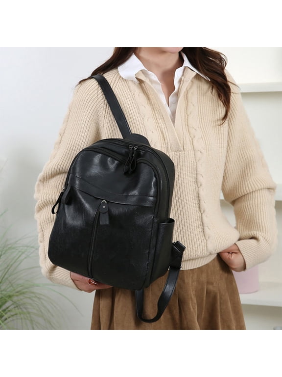 Black Faux Leather Backpack Lightweight Casual Daily Bag with Padded Straps Multiple Compartments for Travel Work Sch-ool