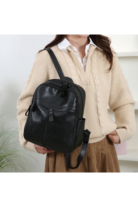 Black Faux Leather Backpack Lightweight Casual Daily Bag with Padded Straps Multiple Compartments for Travel Work Sch-ool