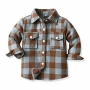ROLKFUK Boys Button Down Shirts, Cotton Long Sleeve Plaid Fall Winter Tops Coffee Size 6M-6T
