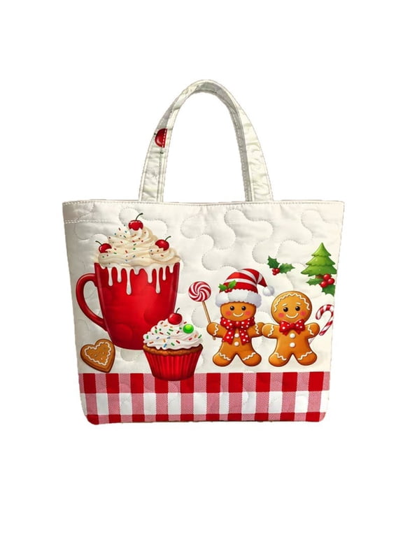 Christmas Gingerbread Man Quilted Tote Bag Large Reusable Holiday Shopping Bag