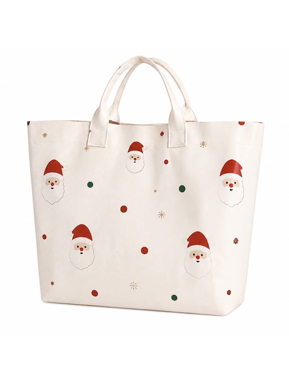 Christmas Santa Tote Bag for Women, Canvas Holiday Handbag, Santa Star Print, Cream