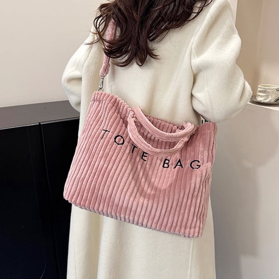 ROLKFUK Corduroy Shoulder Bag Tote, Lightweight Large Capacity Crossbody Bag for Women, Soft Textured Shoulder Handbag with Adjustable Strap, Pink