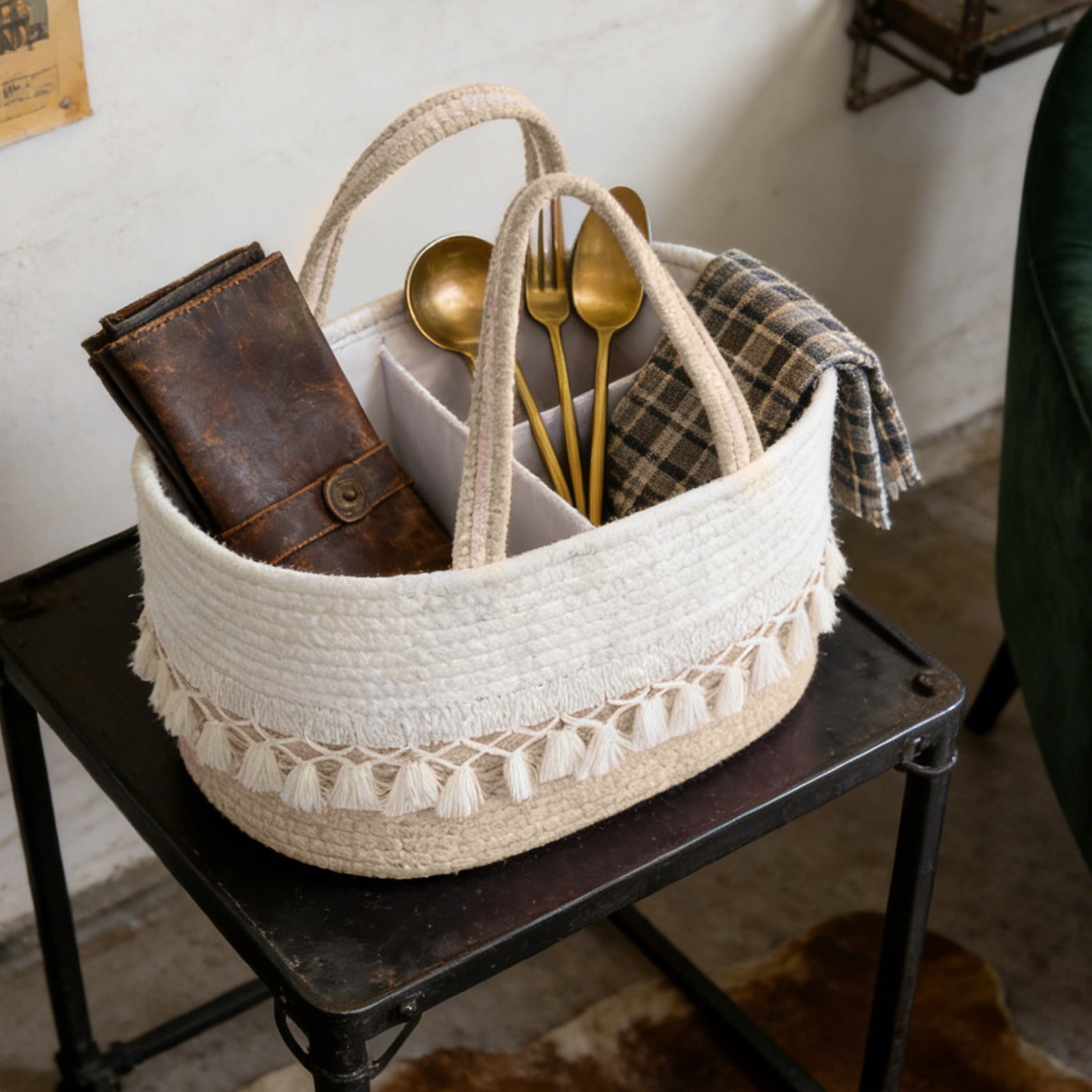 ROLKFUK Cotton Rope Storage Basket with Handles, Divided Diaper Caddy for Nursery, Farmhouse Bathroom Organizer Basket, Khaki