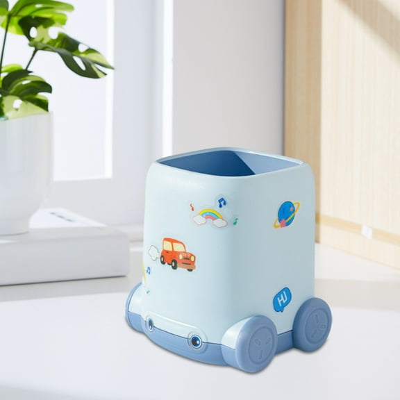 ROLKFUK Cute Car Shaped Pen Holder for ki-ds, DIY Pencil Holder with Stickers, Large Capacity Plastic Desktop Organizer, Stu-dent Sch-ool Supplies Desk Decor - Blue