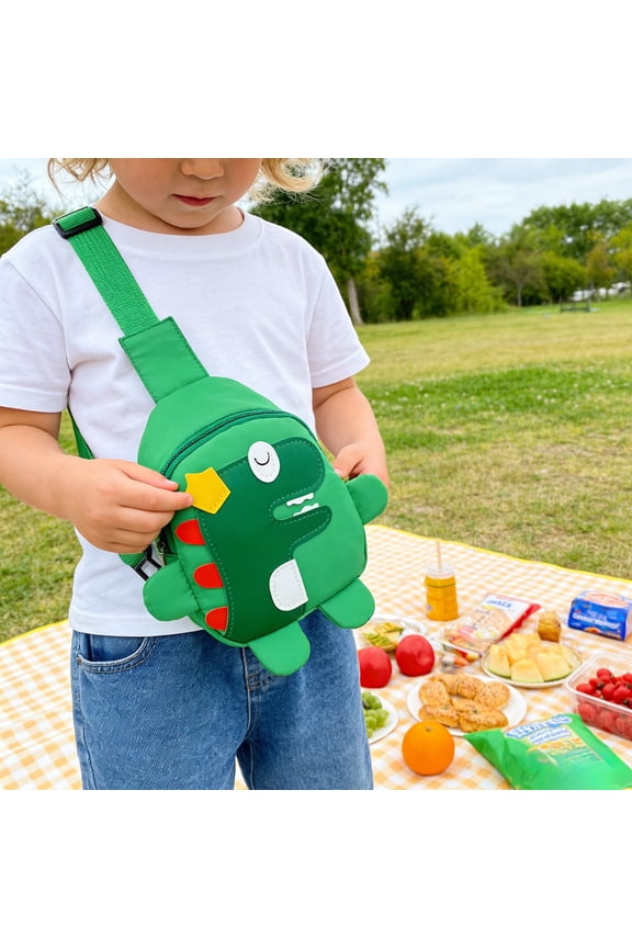 Cute Dinosaur Crossbody Sling Bag for Ki-ds Tod-dler Bo-ys Gi-rls Lightweight Nylon Adjustable Chest Purse Shoulder Strap Travel Daycare Essentials Green