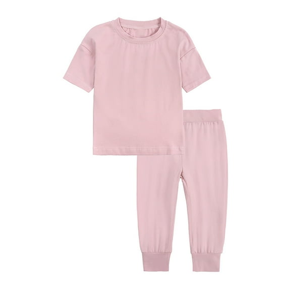 ROLKFUK Girls Boys Pajama Sets, Cotton Casual Solid Color Short Sleeve Loungewear Clothes Pink Size 12 T