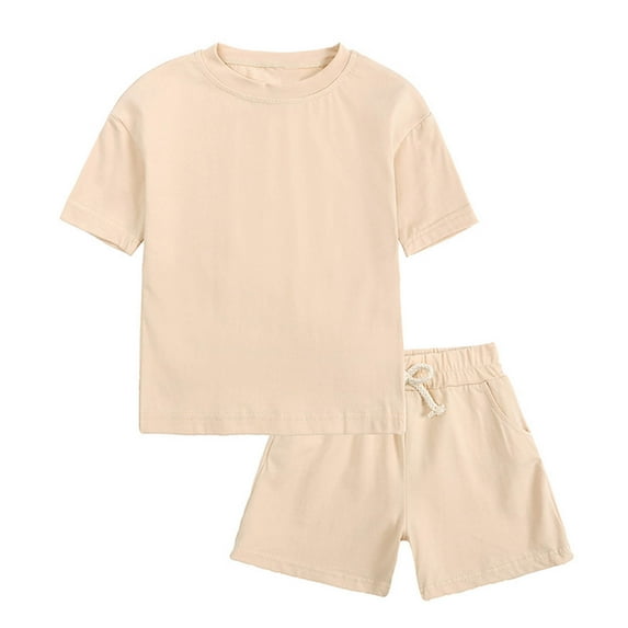 ROLKFUK Girls Boys Pajama Sets, Solid Color Short Sleeve Casual Cotton Loungewear Clothes Beige Size 12 T