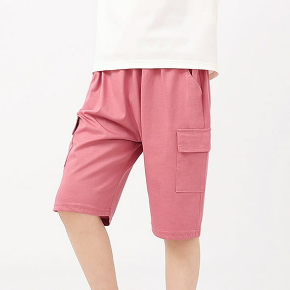 ROLKFUK Girls Cargo Shorts, Cotton Elastic Waist Solid Color Shorts with Pockets Hot Pink Size 6-8 T