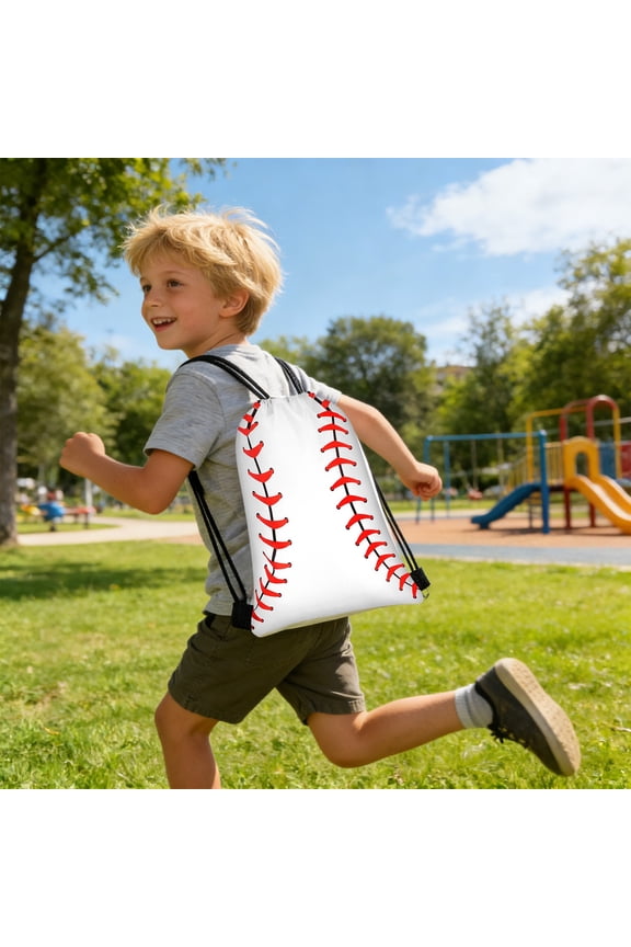Ki-ds Baseball Stitch Drawstring Backpack Lightweight Nylon Sports Gym Bag for Bo-ys Gi-rls Sch-ool PE Travel Party Favor Bag