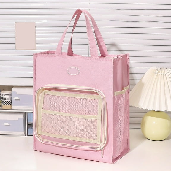 ROLKFUK Large Capacity Oxford Cloth Tote Bag with Multi-Layers, Transparent PVC Pocket & Mesh Pocket - Water Bottle Organizer for Commute Travel Office, Pink