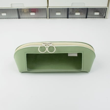 ROLKFUK Large Capacity Pencil Pouch with Clear Window, Leather Textured Waterproof Pen Case, Sch-ool Stationery Organizer for Stu-dents, Green