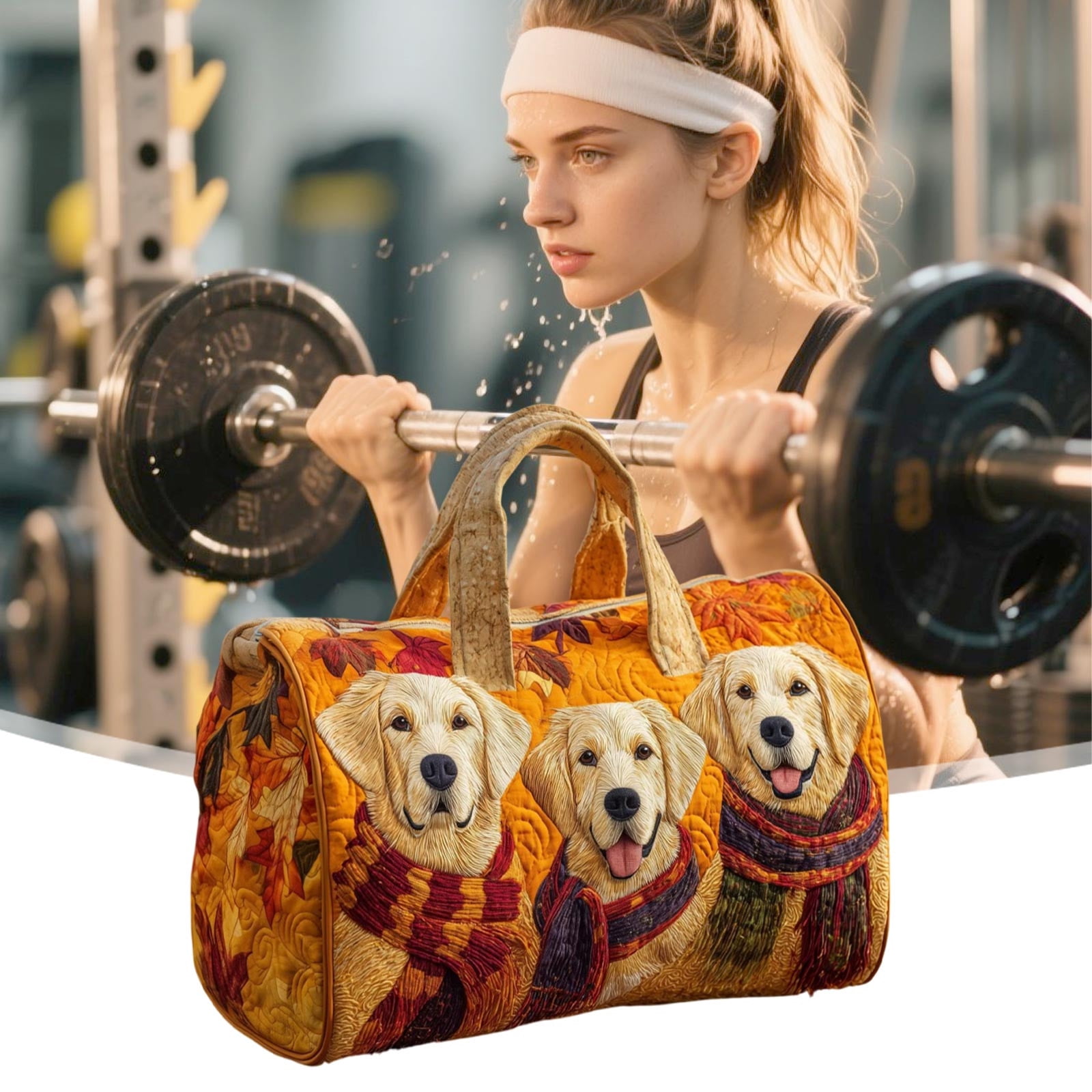 ROLKFUK Lightweight Quilted Small Duffel Bag Travel Weekender Gym Bag with Embroidered Dog Multi-functional Lightweight Sports Overnight Bag for Women