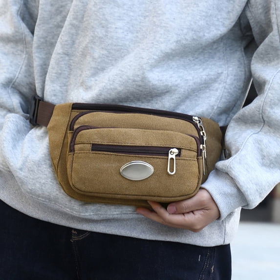 ROLKFUK Mens Canvas Fanny Pack Multi-pocket Waist Bag for Hiking Travel Lightweight Adjustable Strap Crossbody Belt Pack for Phone Keys Tools Brown