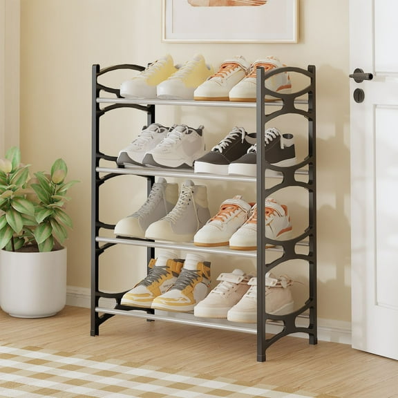 ROLKFUK Organizing Racks 4 Tier Metal Shoe Rack, Tool-Free Assembly, Ventilated Entryway Organizer, Fits All Shoes, Black
