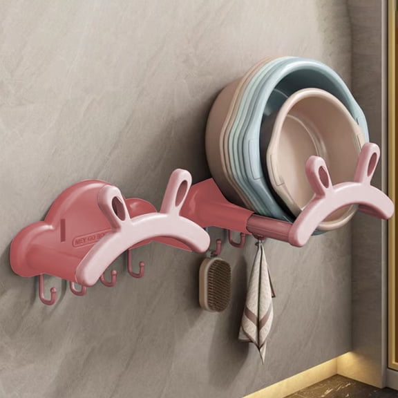 ROLKFUK Organizing Racks Drill-Free Telescopic Storage Rack - Wall Mounted Organizer for Kitchen & Bathroom, Holds Pot Lid/Utensils, Adjustable Hooks, Durable Plastic Space-Saver