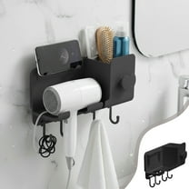 ROLKFUK Organizing Racks No Drill Hair Dryer Wall Mount - Adhesive, Multifunctional with Hooks & Phone Holder, Bathroom