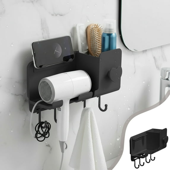 ROLKFUK Organizing Racks No Drill Hair Dryer Wall Mount - Adhesive, Multifunctional with Hooks & Phone Holder, Bathroom