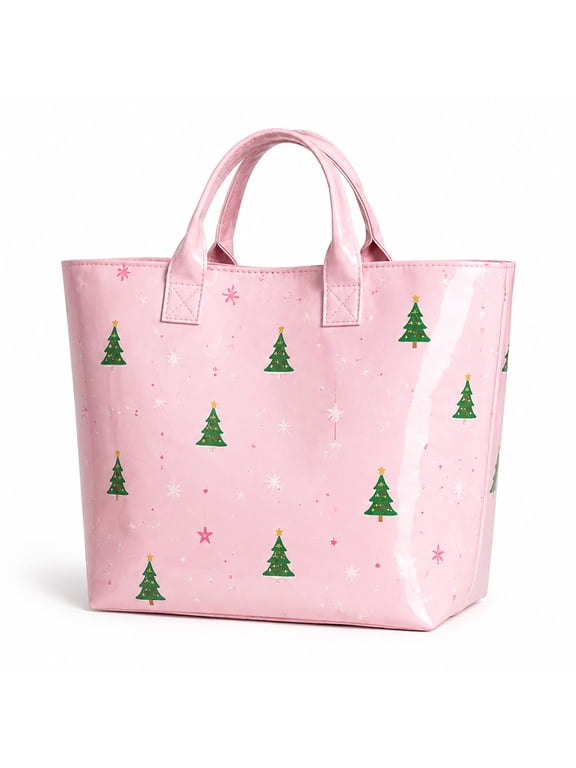 Pink Christmas Tree Tote Bag for Women, Large Holiday Printed Handbag
