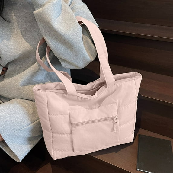 ROLKFUK Quilted Canvas Tote Bag, One Shoulder Laptop Tote, Large Capacity Casual Laptop Bag, Pastel Pink, Lightweight with Front Pocket for Daily Use