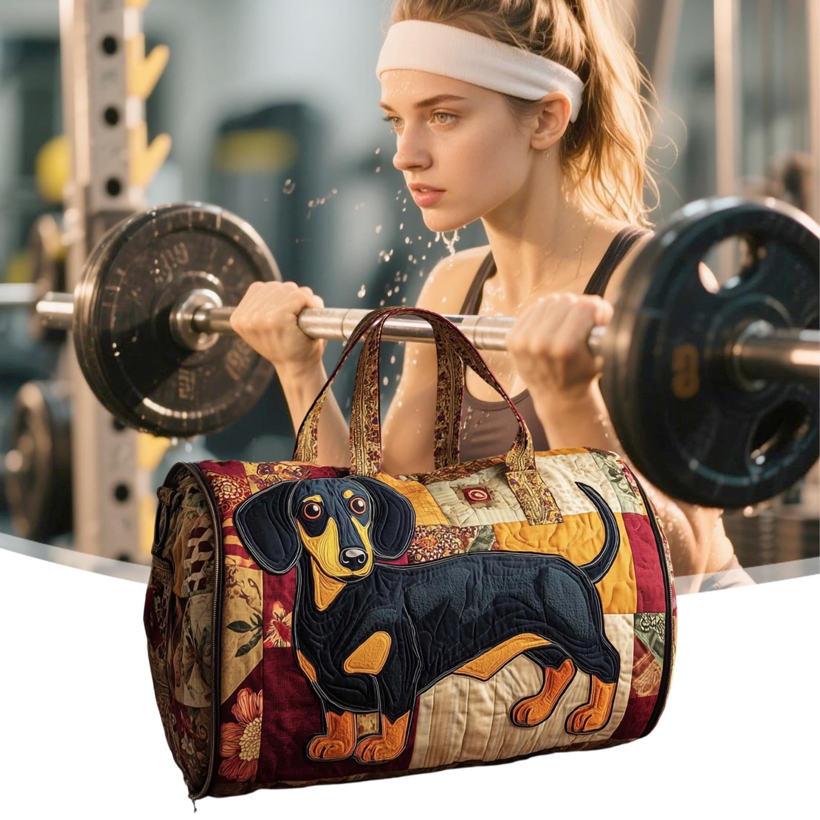 ROLKFUK Quilted Dachshund Duffel Bag for Women, Embroidery Travel Gym Overnight Bag, Lightweight Water Resistant Sports Weekender with Detachable Shoulder Strap