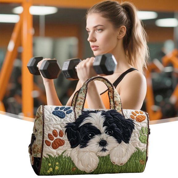 ROLKFUK Quilted Dog Embroidery Duffel Bag, Travel Bag Sports Bag for Women, Polyester Lightweight Multifunctional Weekender Gym Overnight Bag with Padded Handles