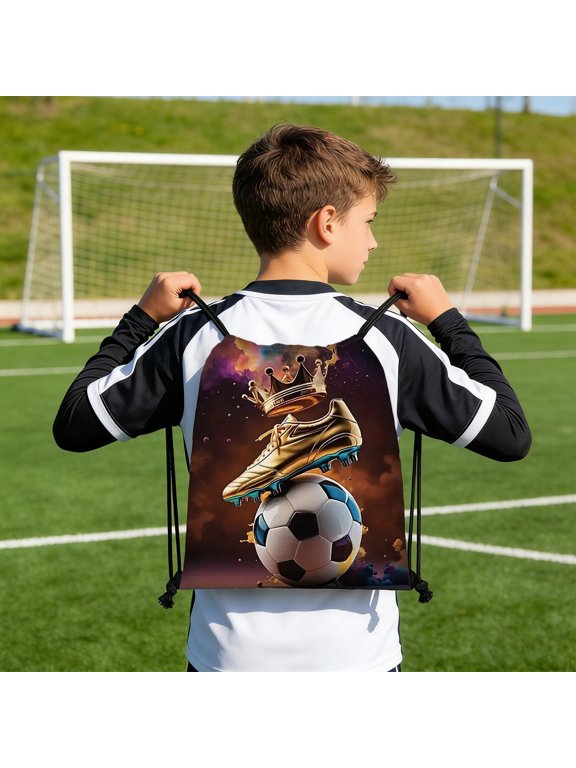 Soccer Print Drawstring Backpack Lightweight Sports Gym Bag Water Resistant Cinch Sack for Soccer Training Gym Workout Travel Sch-ool for Youth Adults