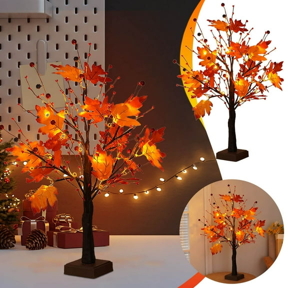 ROLKFUK Thanksgiving LED Tabletop Tree Light - 60cm Fall Maple Leaf & Red Berry Decor, Battery/USB Powered, Harvest Festival Indoor Festive Lamp, Thanksgiving Gift