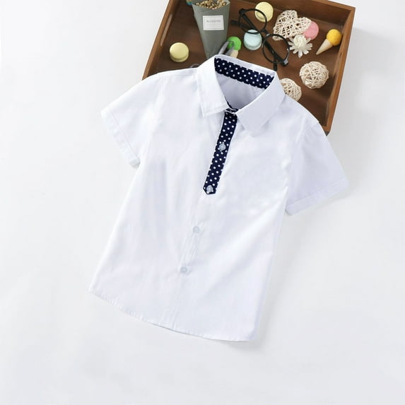 ROLKFUK Toddler Boys Button Down Shirts, Short Sleeve Cotton Print Summer Tops White Size 3-4 T