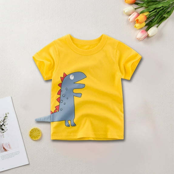 ROLKFUK Toddler Boys Casual Shirts- Crew Neck Fashion Short Sleeve Printed Cotton Boys Summer Clothes Yellow Size 1T