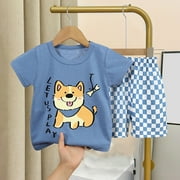 ROLKFUK Toddler Boys Outfit Sets, Cute Casual Cotton Short Sleeve Shirt Top and Shorts Suits Blue Size 3 T