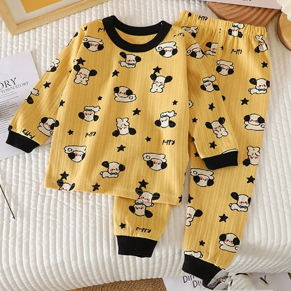 ROLKFUK Toddler Girls Pajama Sets, Long Sleeve 2 Piece Cotton Kids Sleepwear Sets Yellow Size 2-3 T