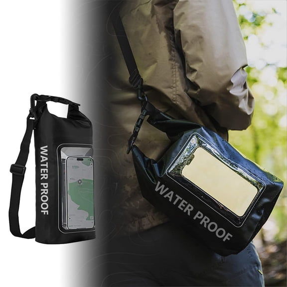 ROLKFUK Waterproof Crossbody Phone Pouch 2L Dry Bag IPX6 Heavy Duty PVC Clear Touchscreen Window Fits 7 Inch Phone Sling Shoulder Pack for Beach Hiking Boating Travel