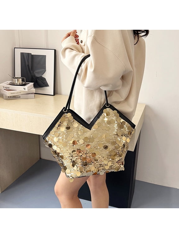 Women's Gold Sequin Tote Bag Fashionable Casual Shoulder Crossbody Purse Soft Pleated PU Leather Spacious Handbag For Shopping Work Evening Party