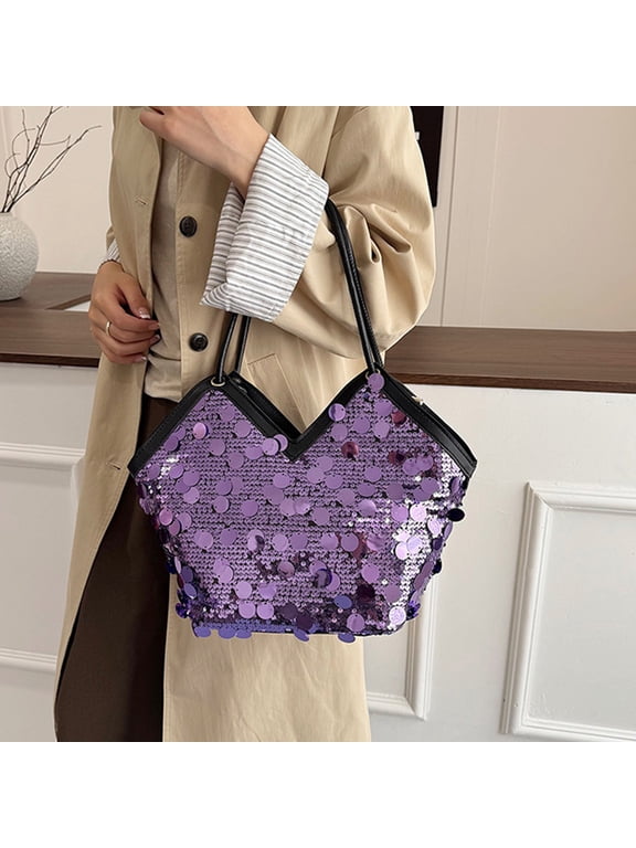 Women's PU Leather Sequined Tote Bag, Fashionable Crinkled Shoulder Purse, Versatile Large Capacity Crossbody Handbag for Work Travel Daily Use