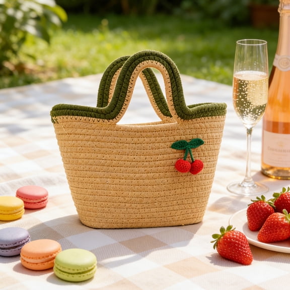 ROLKFUK Womens Cotton Rope Woven Tote Bag with Cherry Appliqué Lightweight Summer Beach Shoulder Purse Everyday Shopping Handbag Coffee