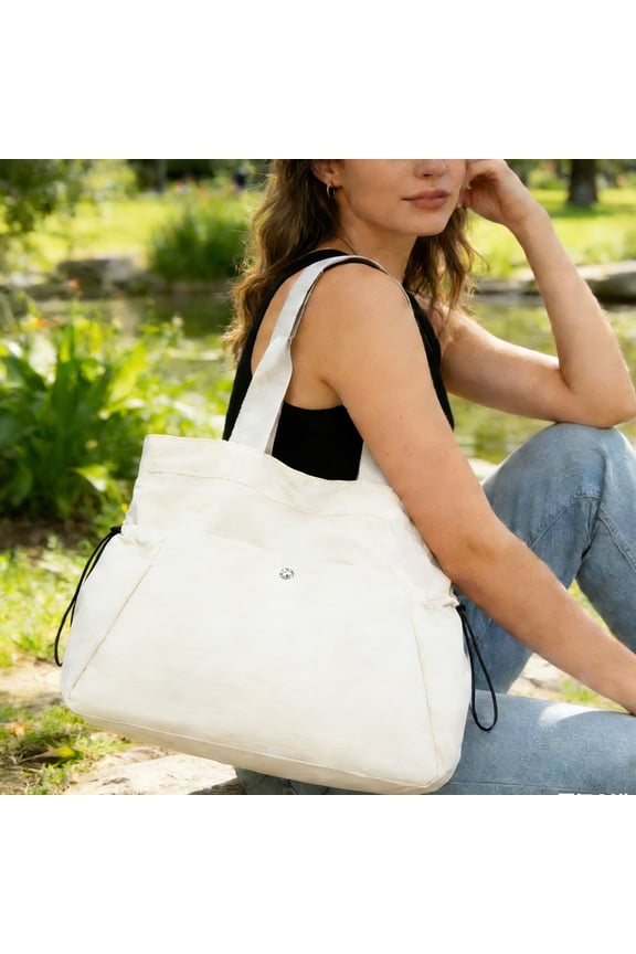 Womens Large Nylon Tote Bag with Multiple Pockets, Water Resistant Drawstring Travel Gym Beach Weekender Duffel for Work, White