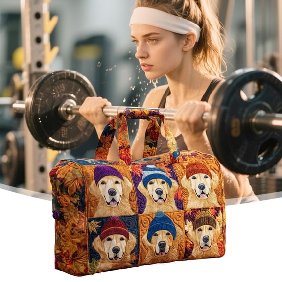 ROLKFUK Womens Small Quilted Weekend Travel Bag Overnight Duffel Tote with Dog Embroidery Shoulder Strap for Gym Sports Overnight