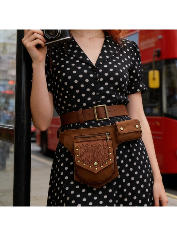 Womens Steampunk Fanny Pack Vintage PU Leather Waist Bag Crossbody Sling Purse with Metal Studs Rivets for Festival Travel Concert Punk Goth