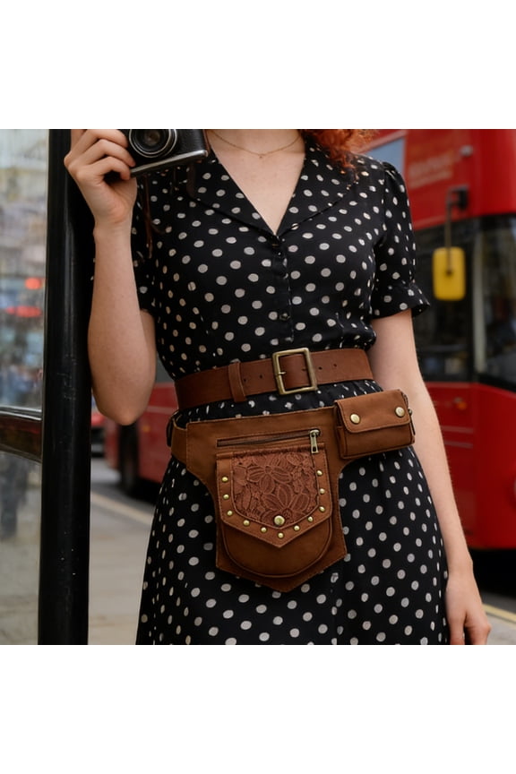 Womens Steampunk Fanny Pack Vintage PU Leather Waist Bag Crossbody Sling Purse with Metal Studs Rivets for Festival Travel Concert Punk Goth