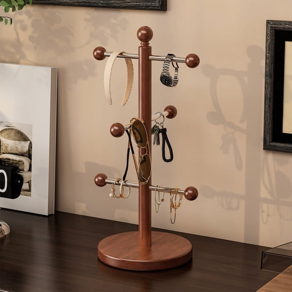 ROLKFUK Wooden Mug Tree Stand - Freestanding Coffee Cup Holder with Sturdy Base for Kitchen Countertop, Multi-Functional Organizer for Mugs, Jewelry, Keys - Brown