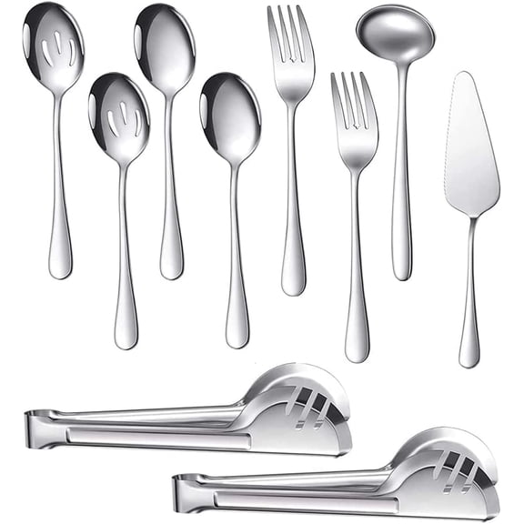 ROLMZJX 10 Pieces Stainless Steel Flatware Serving Utensils Large Serving Spoon Set of Metal Tongs Serving Forks Slotted Spoons Serving Spoons (Silver)