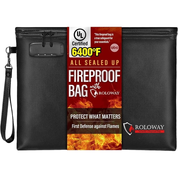 ROLOWAY Fireproof Document Bag (14.5 x 11.5 inch), 6400℉ Fireproof Money Bag with Zipper & Lock (Black)