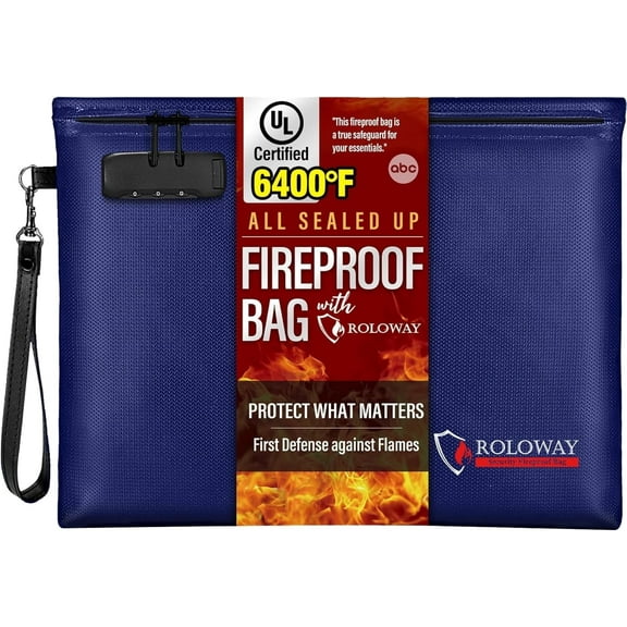 ROLOWAY Fireproof Document Bag (14.5 x 11.5 inch), 6400 Fireproof Money Bag with Zipper for Cash, Fire Safe Smell Proof Money Pouch with Lock (Blue)
