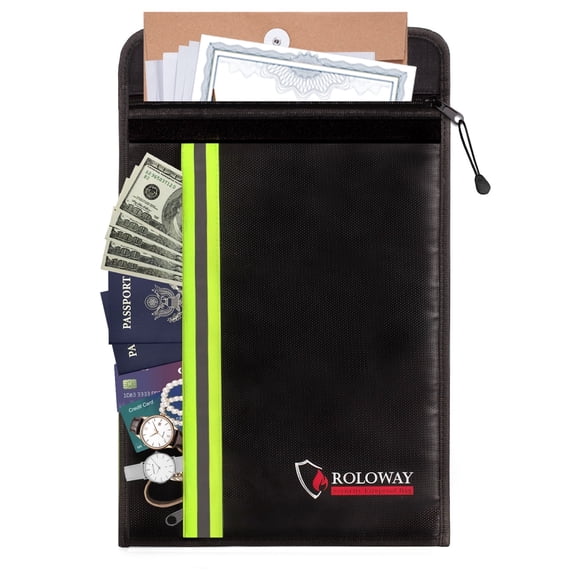 ROLOWAY Fireproof Document Bag (15 x 11 inch) with 2 Pockets & Waterproof Zipper, Fireproof Money Bag, Fire Safe Bag with Reflective Strip, Fireproof Envelope for Cash, Legal Documents Safe (Black)